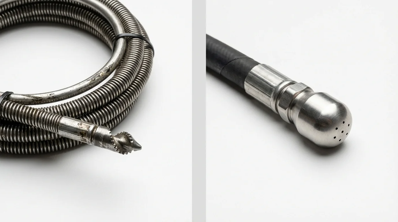 Drain snake cable and hydro jetting nozzle used for drain cleaning in Hartford, AL