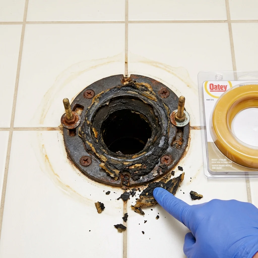 Failed wax ring showing water seepage at the base of a toilet in a Hartford, AL home